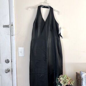 Tower Hill Collection Vintage 90s Halter Midi leather Dress Side slit Sz  14 NWT